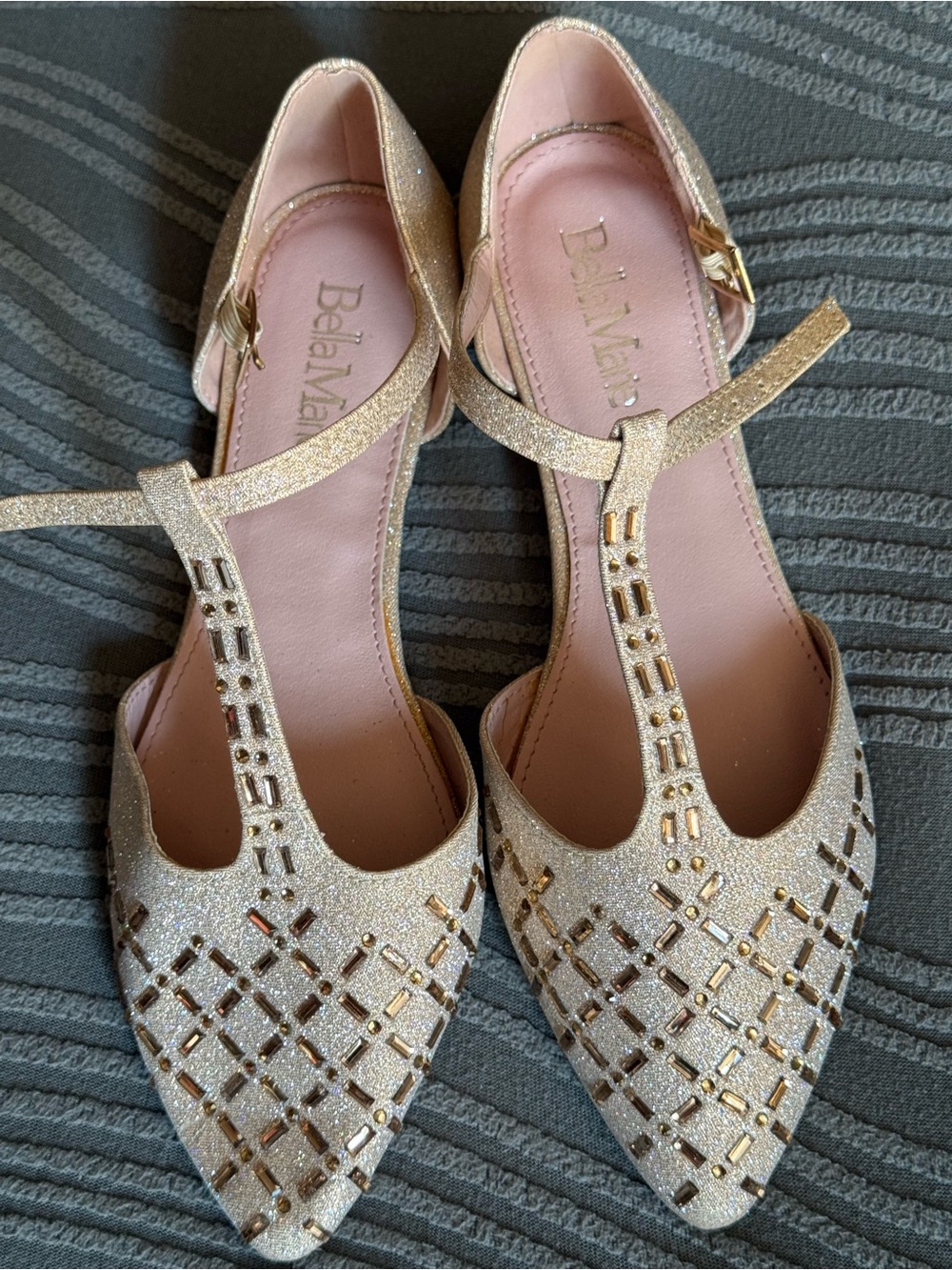 Bella Marie Gold Glitter T-Strap Pointed Ballet Flats